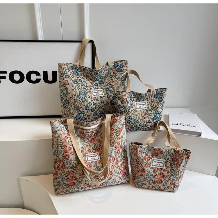 Ins Style Female Floral Canvas Bag, Large Capacity Fashion Versatile Shoulder Handbag for Student School Daily Outing