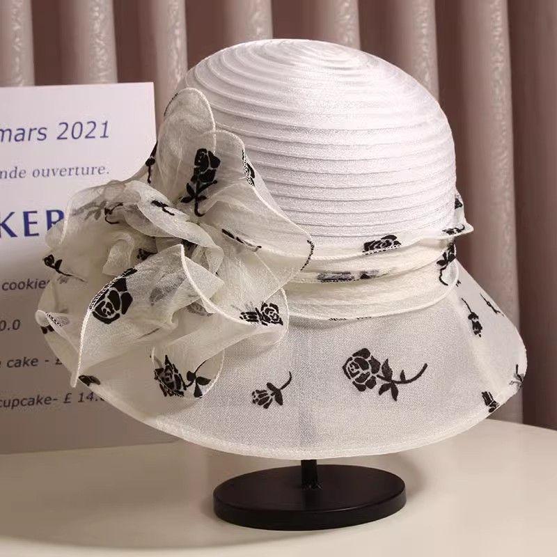 Sun Hat Women's Summer Organza Flower Fisherman Travel Vacation Sunshade Anti UV Retro Hat