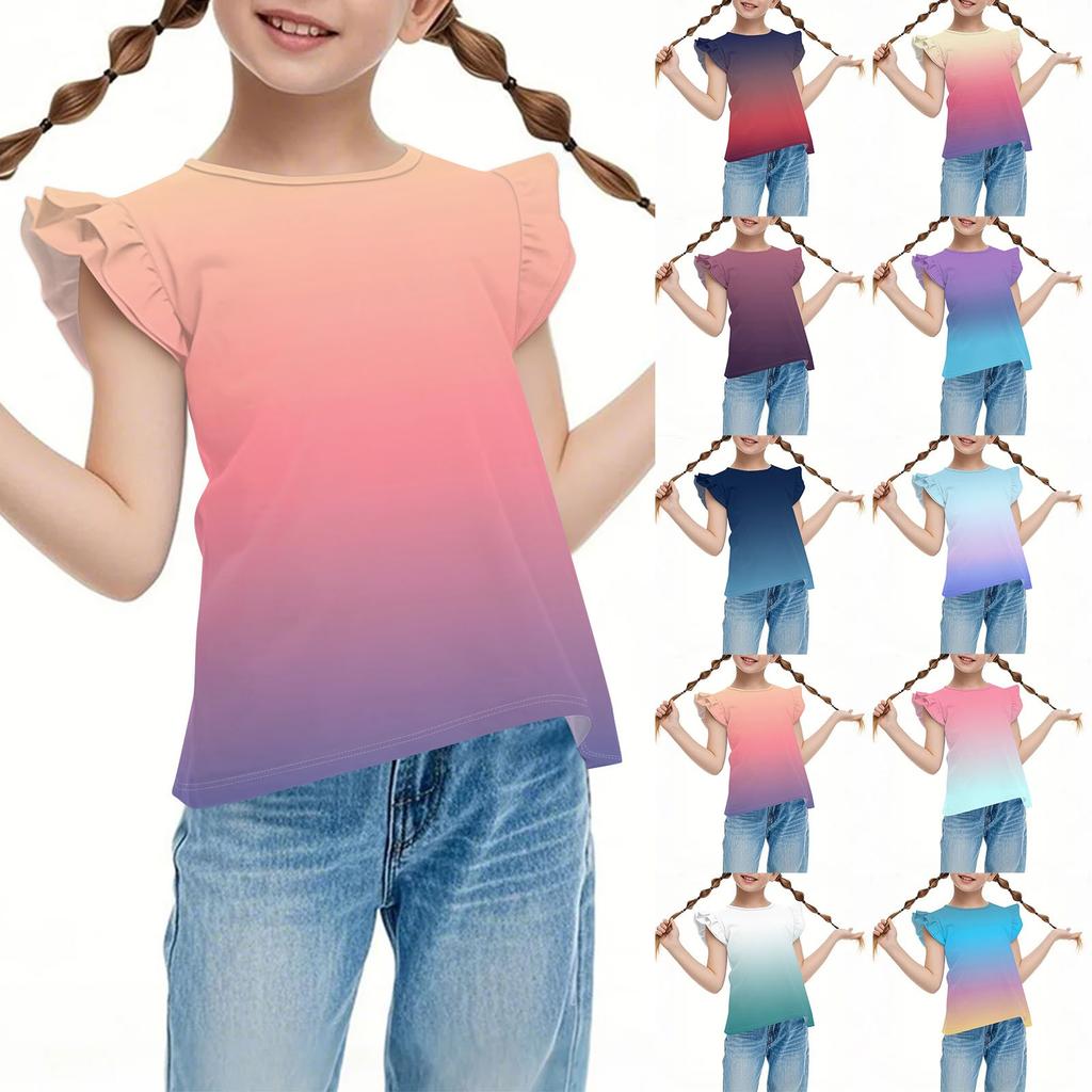 Children's Casual Short-Sleeved Pleated, Cute Gradient Printed Round-Neck Solid-Color Top
