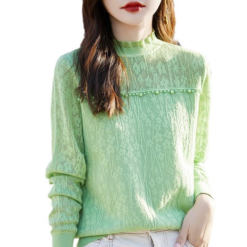 

Весна Новый Стиль Кружевной Лацкан с Бусинами Базовый Топ с Длинным Рукавом Свободного Кроя с Вырезами XL яблочный зеленый