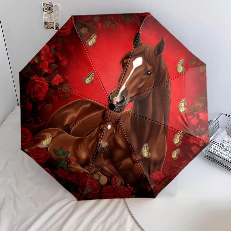 1 PC Automatic Folding Umbrella - Red Rose Horse Pattern, Portable & Foldable Design with 8 Ribs, Christmas Birthday Gifts