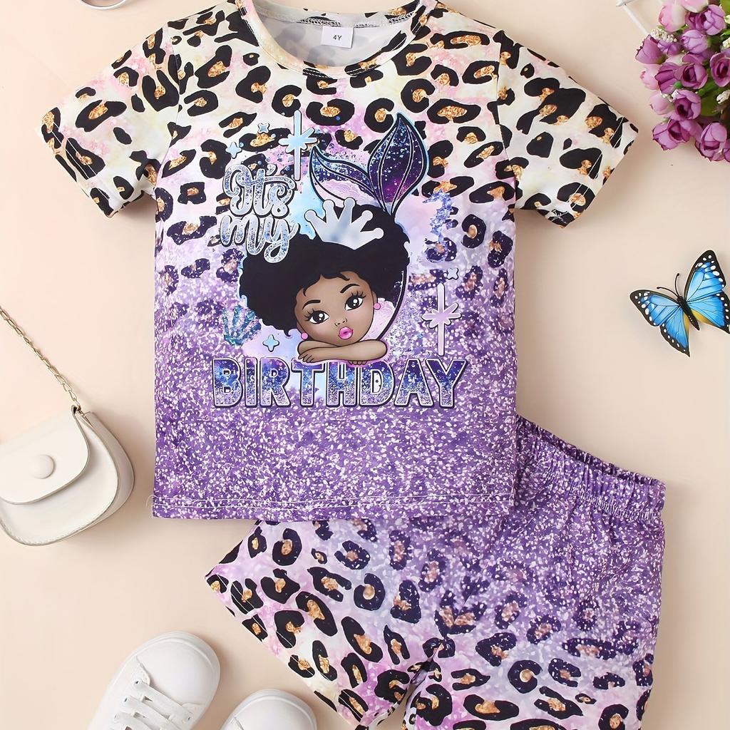 2PCS 'It's My Birthday' Girl's Outfit - Charming Figure Graphic Tee & Shorts Set - Perfect for Summer Celebrations & Casual Wear