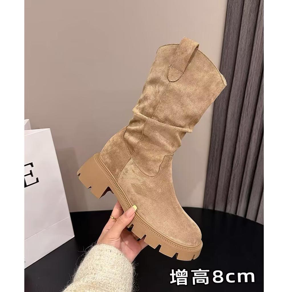 Inner heightening Martin boots women's 2025 new spring, summer and autumn V-mouth suede small man wrinkled pile short boots