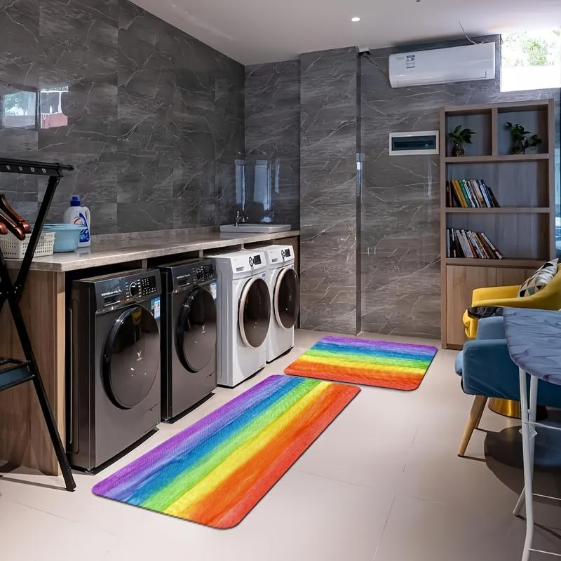 1PC Vibrant Rainbow Strope Kitchen Rug Non-Slip Door Mat Pop Design Bathroom Rug Bath Mat Carpet for Home Sink Laundry Decor