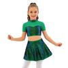 Set da Ballo per Bambina Top Corto e Gonna con Paillettes Lucide, Collo Alto, Maniche Corte, Patchwork in Rete, Schiena Scoperta