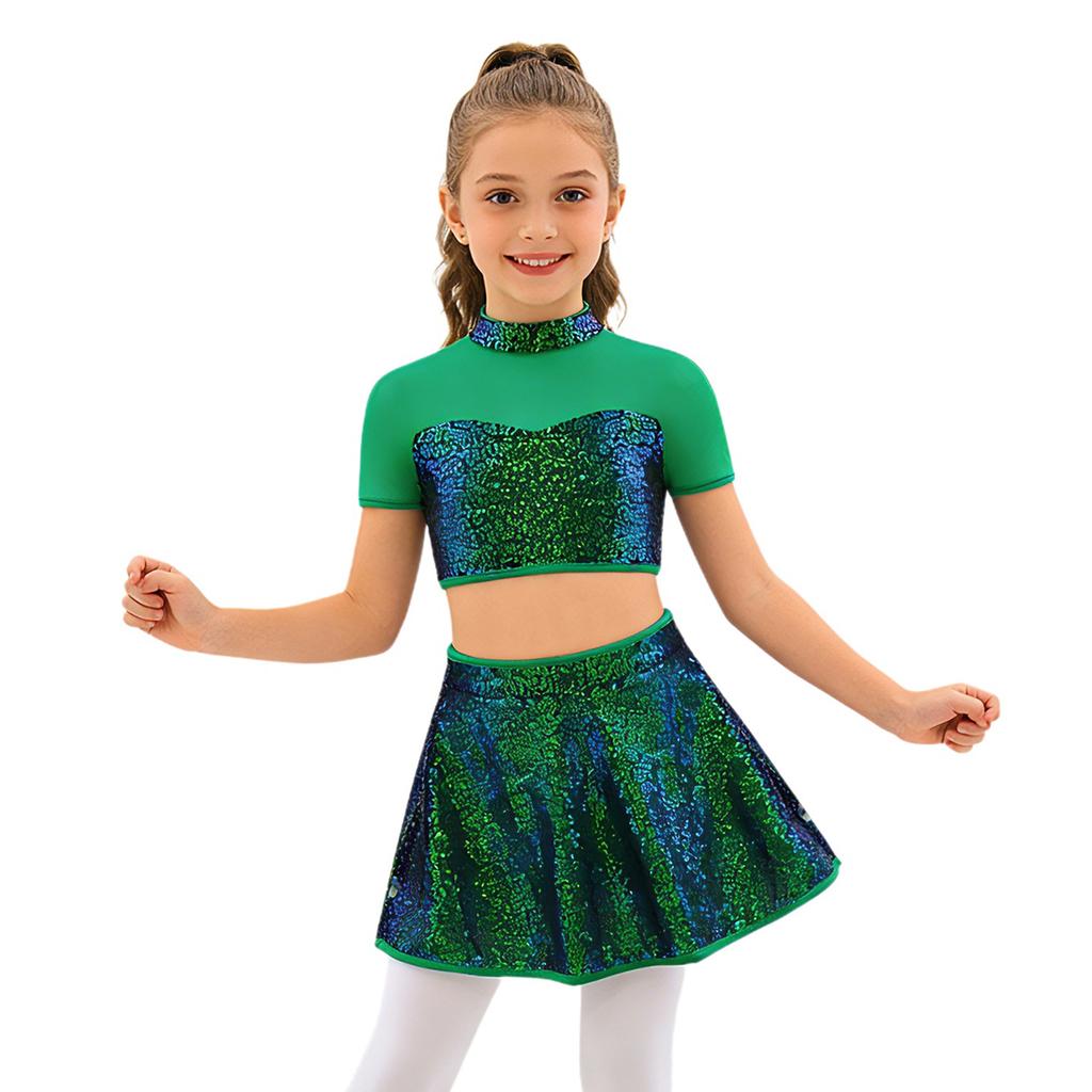 Set da Ballo per Bambina Top Corto e Gonna con Paillettes Lucide, Collo Alto, Maniche Corte, Patchwork in Rete, Schiena Scoperta
