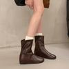 Medium leather boots flat bottom round head elastic winter new super soft thin boots inner height increase high boots look thin
