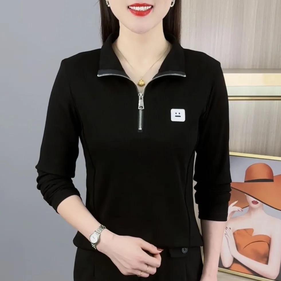 

Женская весенне-осенняя футболка с молнией, воротником-стойкой, однотонная, для ношения под низ, спортивная, тонкая, большого размера, с длинным рукавом XS чёрный