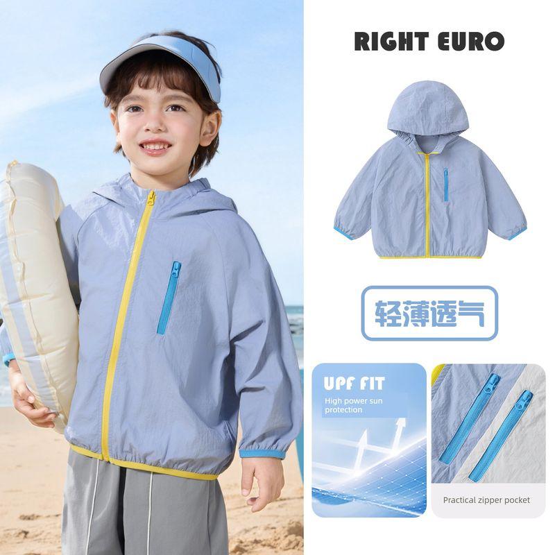 Right European Style Boys  Color-Blocked Sun Protection Jacket Children s Summer Top 2026 New Children s Clothing Baby Summer Thin Clothing Gray Blue 140cm