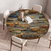Wooden Patterns Round Table Cover Waterproof Oilproof Stain-Resistant Print Elastic Tablecloth for Kitchen Home Dustproof Decor