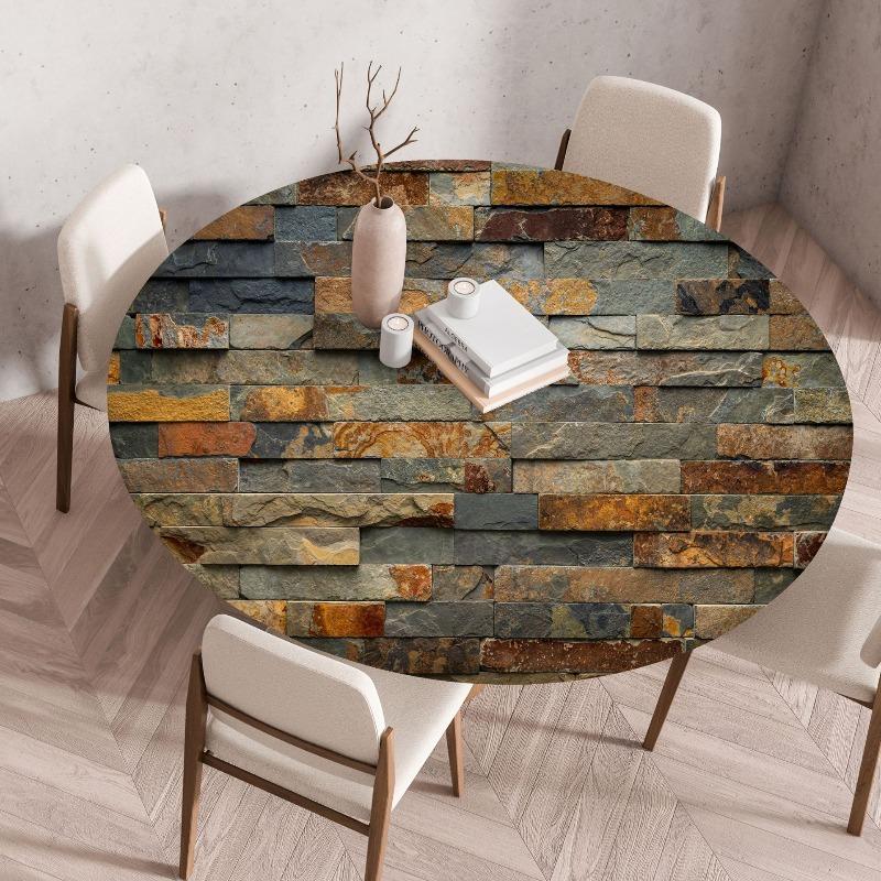 Wooden Patterns Round Table Cover Waterproof Oilproof Stain-Resistant Print Elastic Tablecloth for Kitchen Home Dustproof Decor