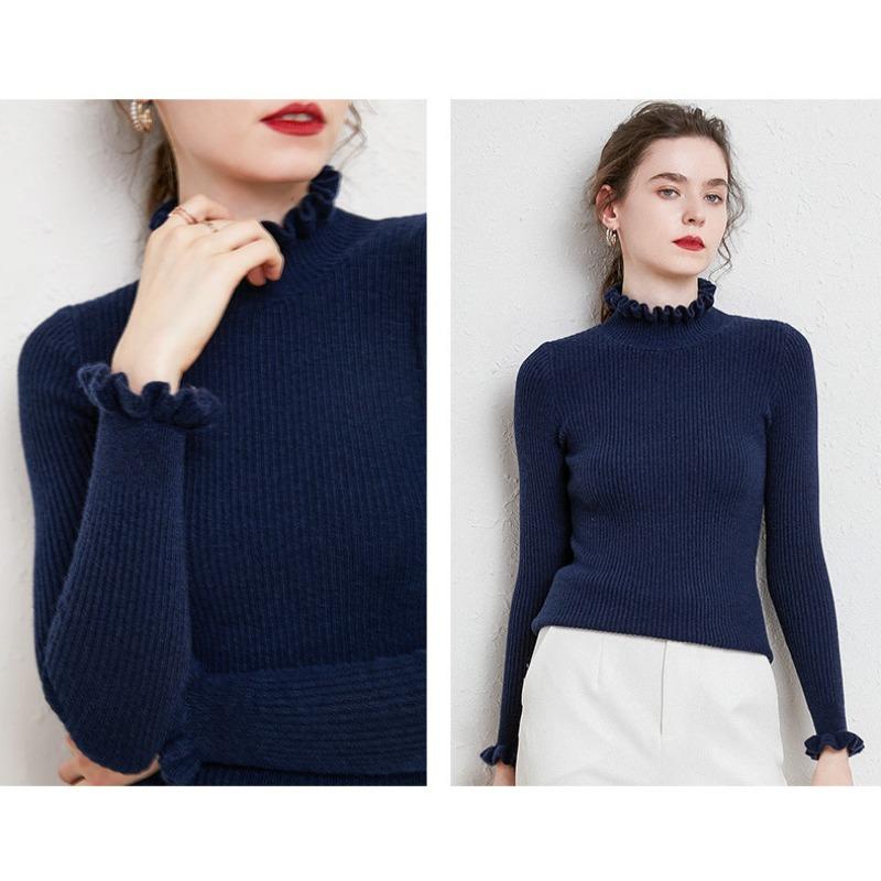 Ruffles Half High Neck Sweater Knitted Pullover Women's Long Sleeved Lace Long Sleeves Bottoming Shirt Commute Simple Casual Knitwear Autumn