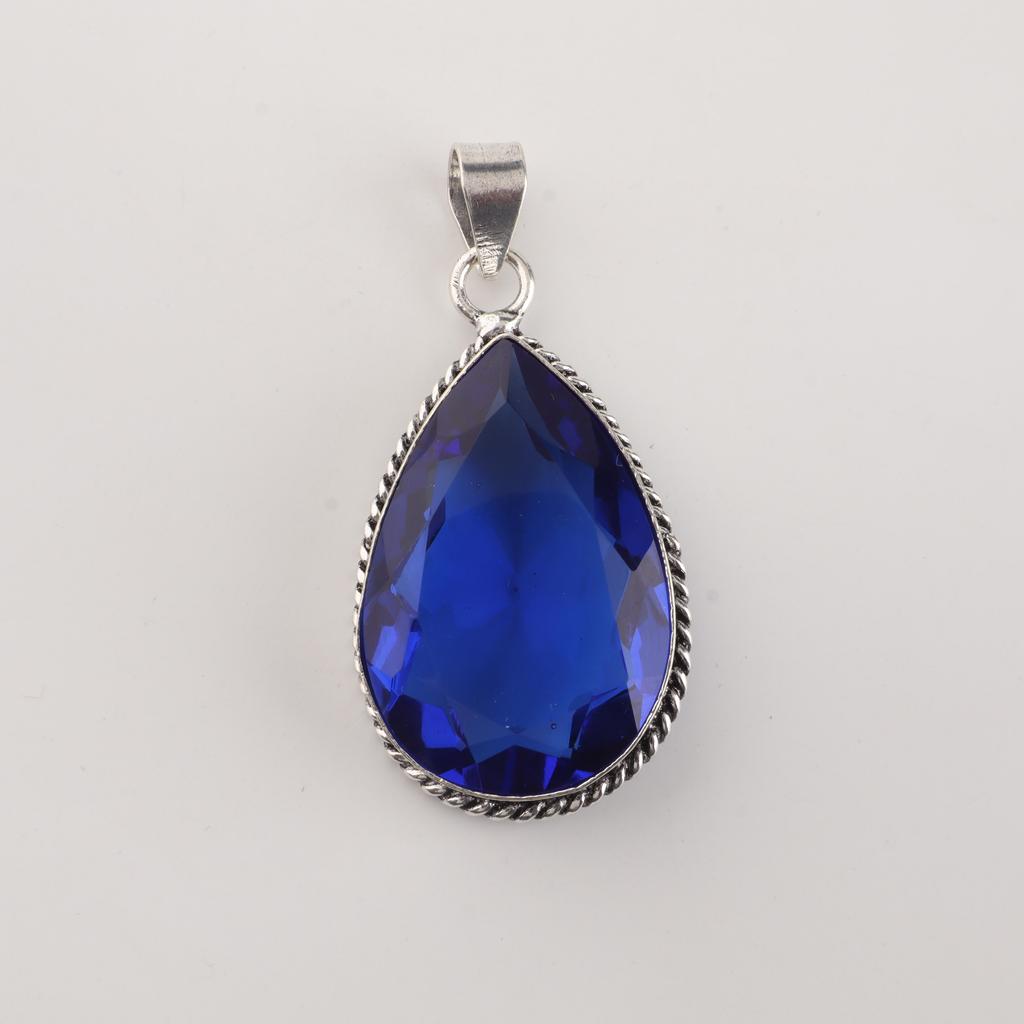 Blue Sapphire Gemstone Silver Pendant 1.8" , 925 Sterling Silver Jewelry, Partywear Pendant, Valentine's Day Gift For Wife PP-65-6