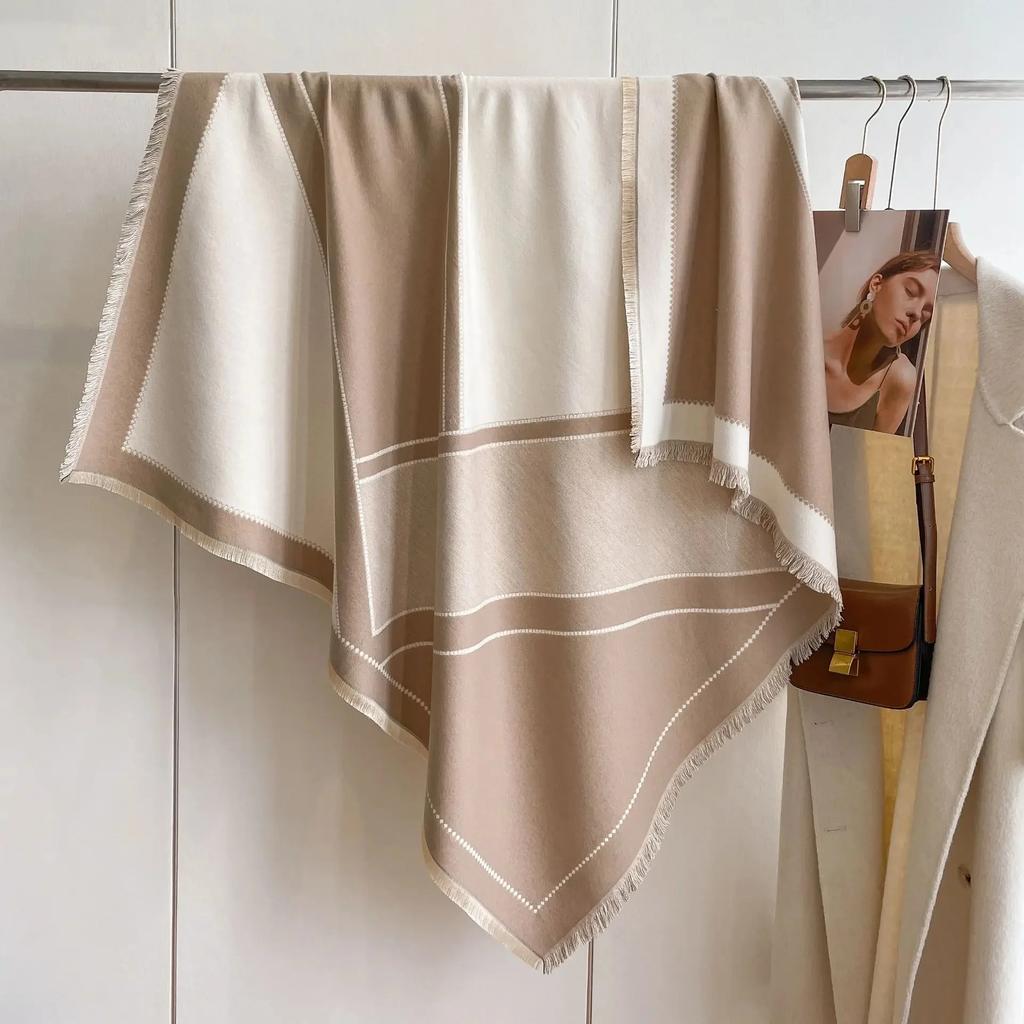 Thickened Cashmere Imitation Scarf Women's Autumn Winter Fashion Color Block Scarf with Tassel Four Sides Warm Large Scarf