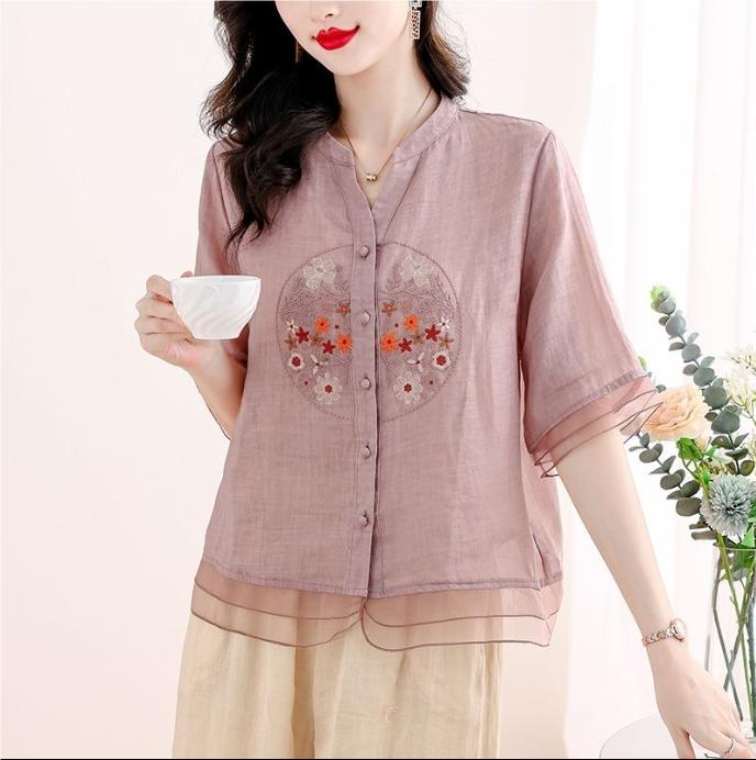 Female Summer Casual Shirt Vintage Style V-neck Floral Embroidery Loose Female Half Sleeve Shirts