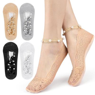 Damen Perlen Spitzen Low-Cut Rutschfeste Unsichtbare Knöchelsocken - Sommer Dünn & Vielseitig