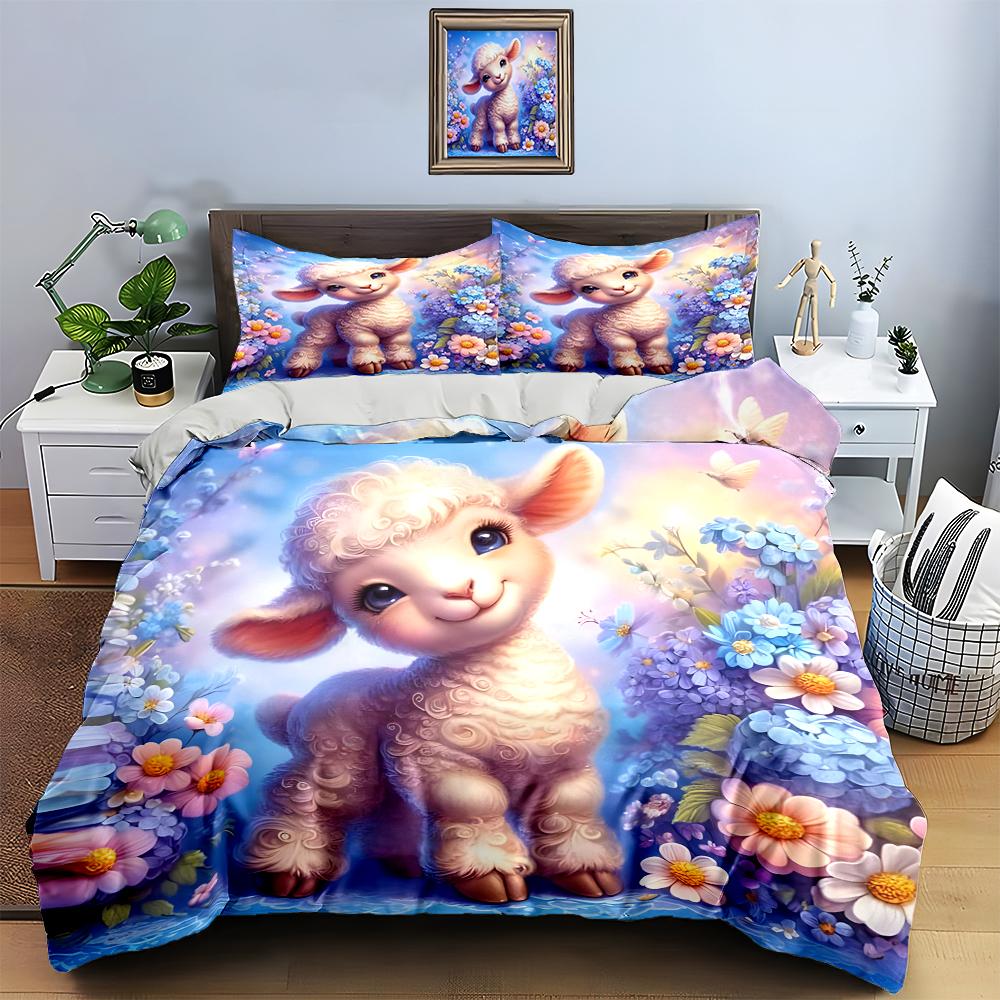 Lamb floral backdrop. Bedding Duvet cover sets Duvet covers Pillowcases gifts (1 * Duvet Cover 2 * Pillowcases, without duvet insert)