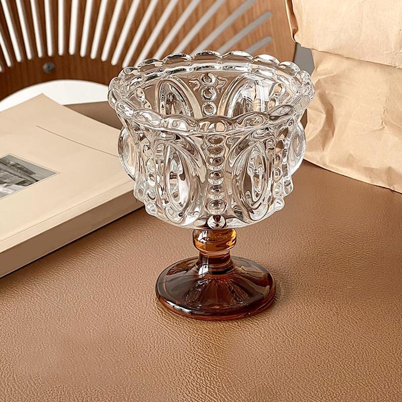 1PC Color Blocking Ice Cream Bowl Dessert Cup Palace Style Highball Glass Gift Tableware Vintage Embossed Design Elegant 200ml