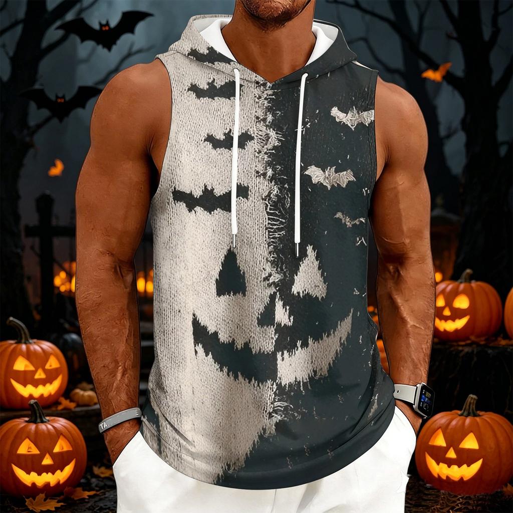 Men's Sleeveless Hoodie Casual Drawstring Hooded Tank Top Halloween Print Streetwear Muscle Fit Summer Vest