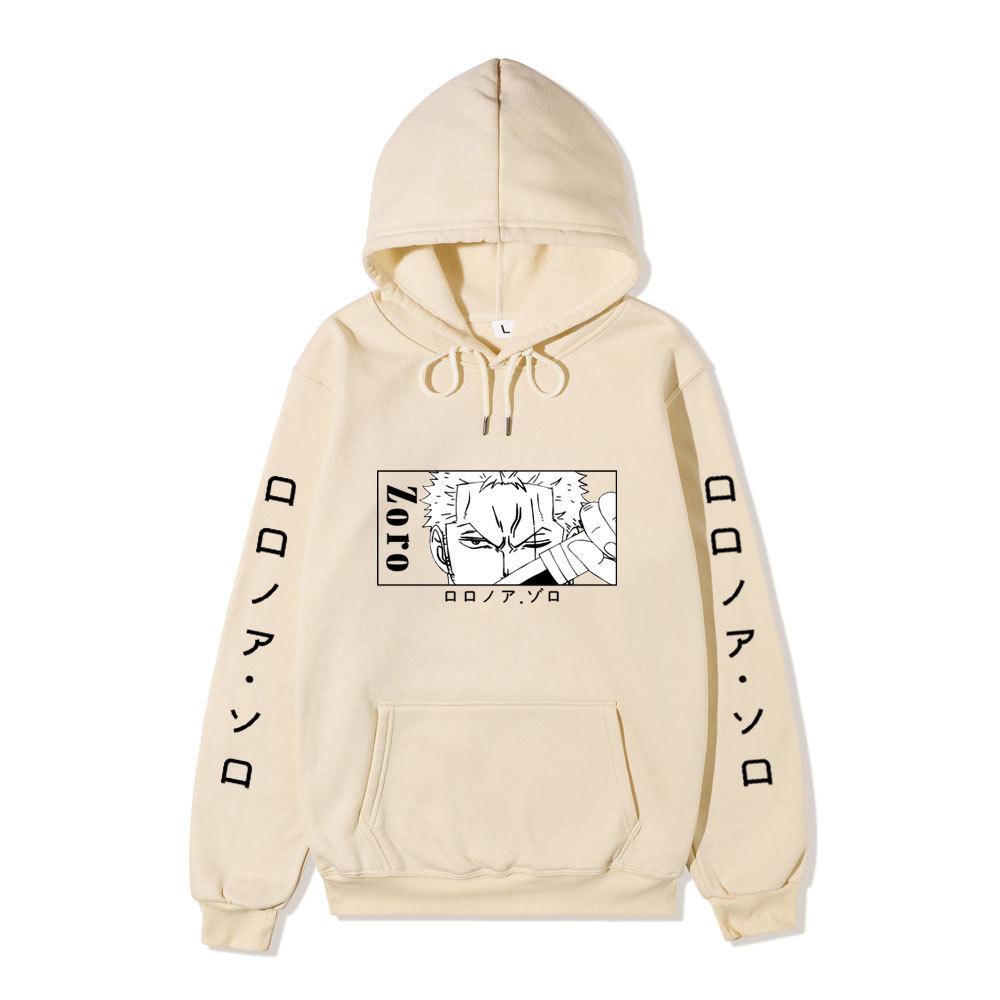 One Piece Hoodie, Roronoa Zoro Manga Graphic Japanese Letter Sleeve Print Pullover Sweatshirt Unisex Streetwear