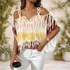 Women Plus Size Cold Shoulder Double Strap Short Sleeve Top Tie Dye Striped V Neck Blouse