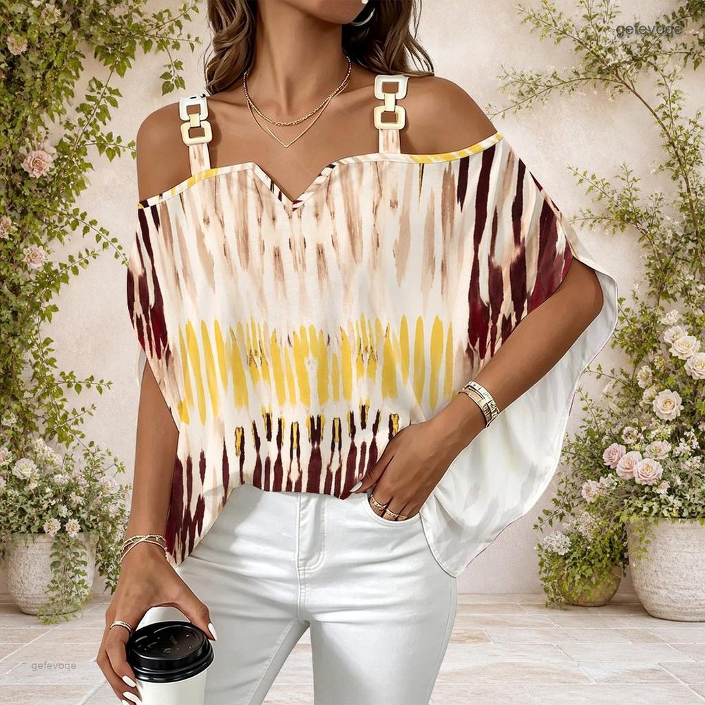 Women Plus Size Cold Shoulder Double Strap Short Sleeve Top Tie Dye Striped V Neck Blouse