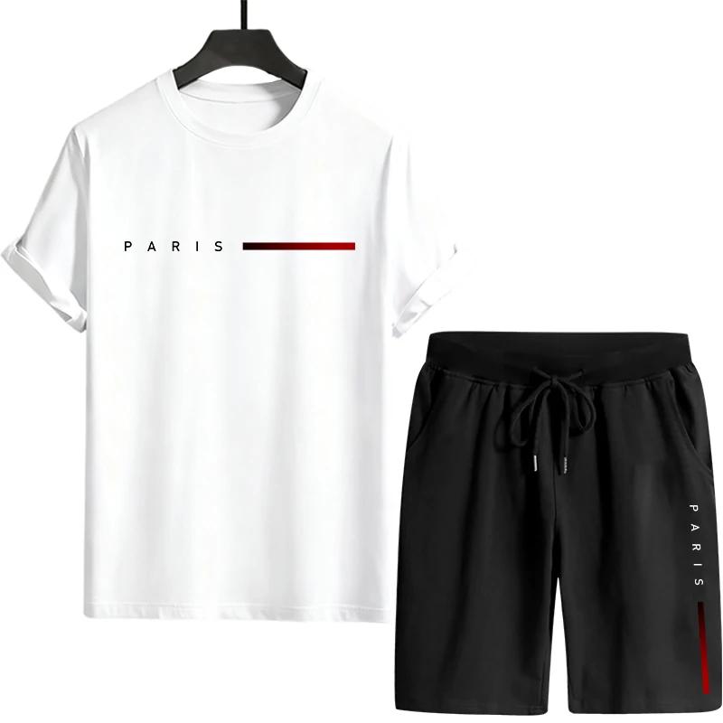 Summer Men's Tracksuit Crew Neck Tshirt and Sports Shorts Male Home Outdoor Comfort Casual Outfit Paris Print T-Shirts Co-ords