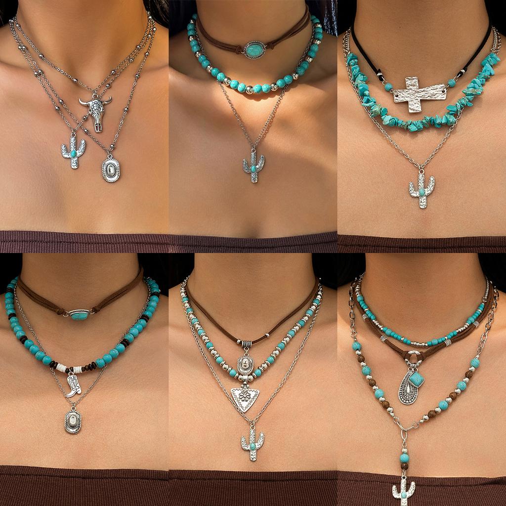 European and American Jewelry Retro Imitation Turquoise Sweater Chain Niche Beaded Necklace Set Ethnic Style Cactus Necklace Decoration