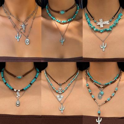 European and American Jewelry Retro Imitation Turquoise Sweater Chain Niche Beaded Necklace Set Ethnic Style Cactus Necklace Decoration