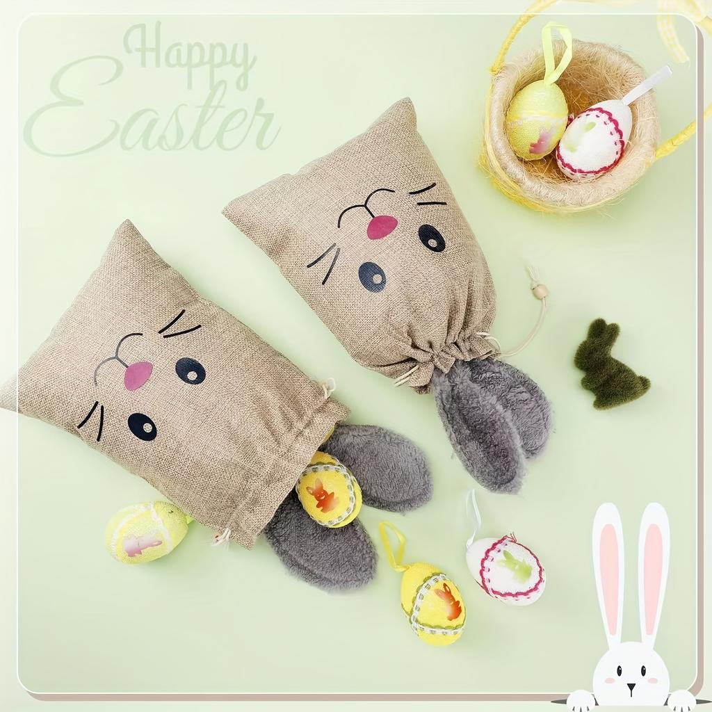 6pcs Easter Linen Drawstring Burlap Bags with Cute Bunny Ears Gift Packaging Bags Suitable for Easter Gifting
