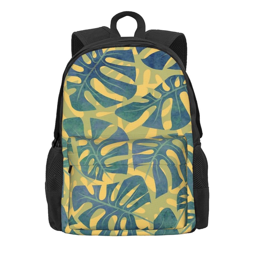 Blue Leaf Print Backpack Abstract Leaves Trekking Backpacks Student Unisex Designer Big School Bags Funny Rucksack