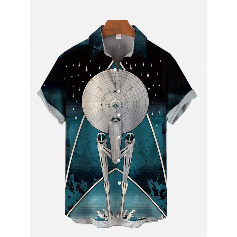 2025 New Summer Men's Short-sleeved Shirts Comfortable And Casual Men's Lapel Spaceship Print Tops Large Size Men's Shirts