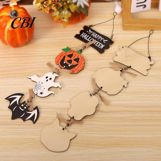 Retro Distressed Holiday Plaque Happy Halloween Wooden Sign, Spooky Pumpkin Ghost Cat Bat Door Hanger, Wall Decor Rustic Farmhouse Hanging Sign