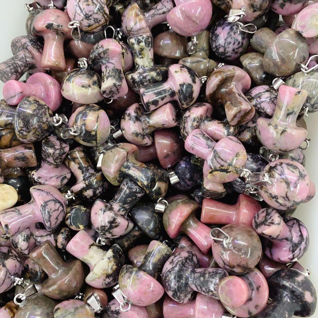 2cm Natural Crystal Jade & Pink Tiger Eye Mushroom Necklace Pendant