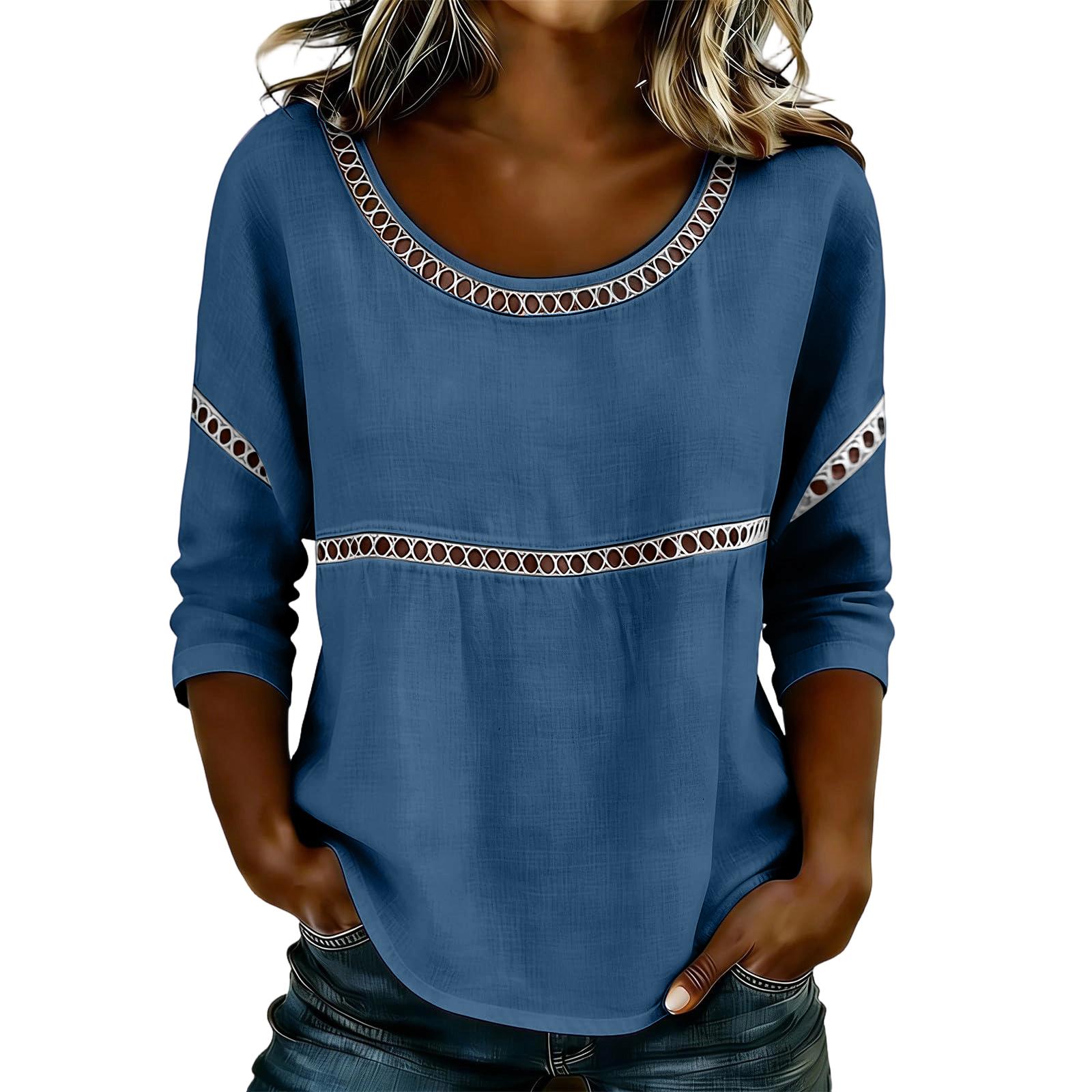 Women s Summer Fashionable  Color Casual Hollow Round Neck Pullover Top S синий
