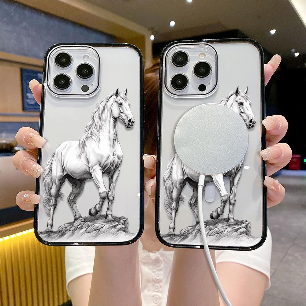 Ozon Popular Art Sketch White Horse Mobile Phone Case iPhone12 Advanced Magnetic Attraction Transparent Apple 17promax