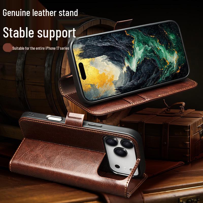 Chali Shi Genuine Leather iPhone 17 Pro Max Flip Case with Magnetic Buckle, Air Stand, and Card Slot
