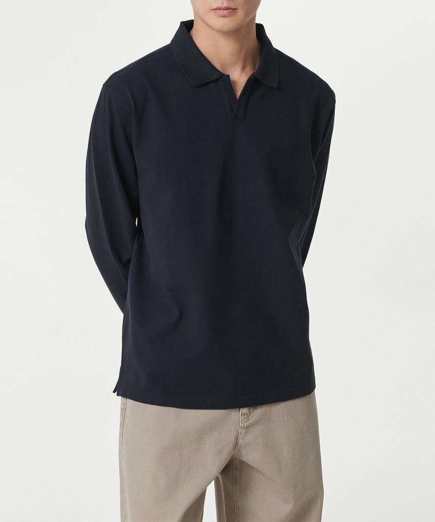 MUSINSA STANDARD Slit Neck Long Sleeve Pique Polo Shirt [Navy]