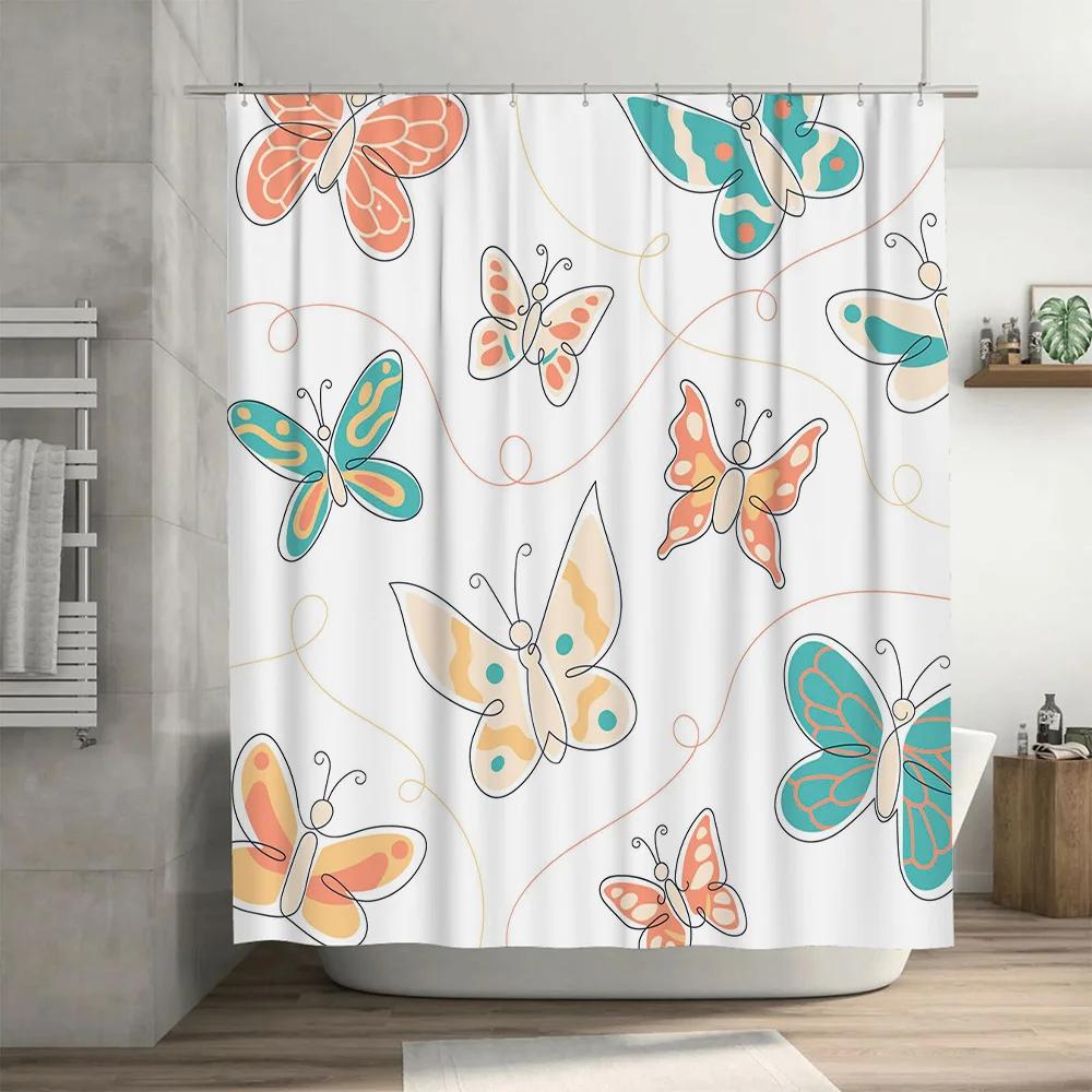 Decorative Shower Curtain Featuring Butterflies Flowers Waterproof Fabric For Bathroom Decorations