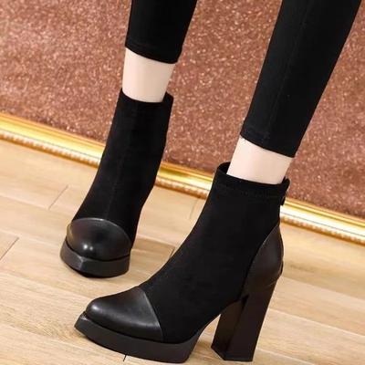 Fashion European and American Pointed Short Boots 2024 Winter New Short Tube High Heels Splicing Style Fashion Boots Zapatos De Mujer
