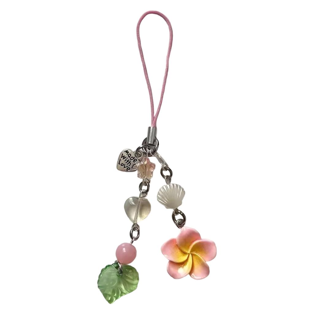 Elegant Phone Chain Cuteness Phone Lanyard Heart Shape Hanging Pendant with Plumeria and Tassels Alloy Texture for Woman