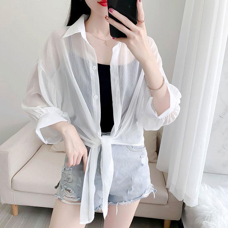 Chiffon Doll Sleeve Cardigan Women's Thin Sun Protection Shirt Short Outer Shawl Loose Top Thin Coat White Polo Collar Shirt