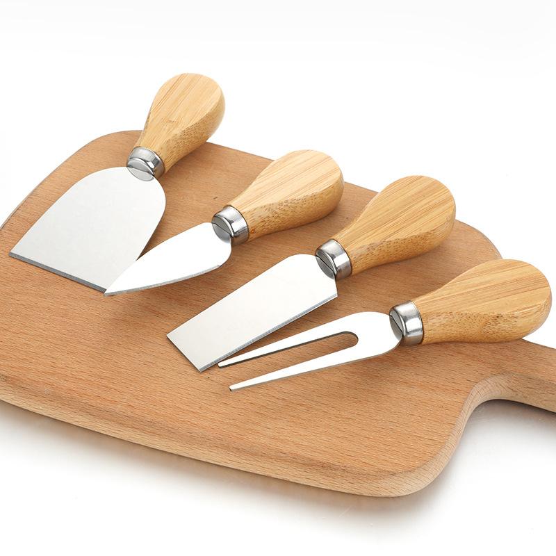 4pcs/set Wood Handle Knife Sets Oak Bamboo Cheese Cutter Knife Slicer Kit Kitchen Cheedse Stainless Steel Knife Kitchen Tools