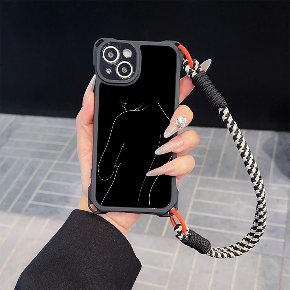 Ae79 Femme Framed Black Art Soft Phone Cases for iPhone 16 15 14 13 12 11 Pro Max 7 8 Plus XR XS with Wrist Strap Lanyard Corner Protection Back Cover