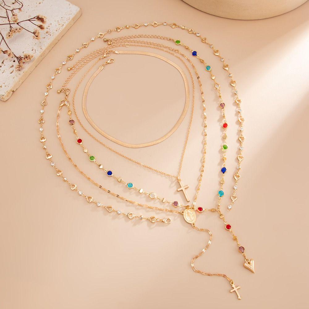 Cross Colored Rhinestone Necklace Pearl Bohemian Style Necklace Fashion Beads Chain Choker Women