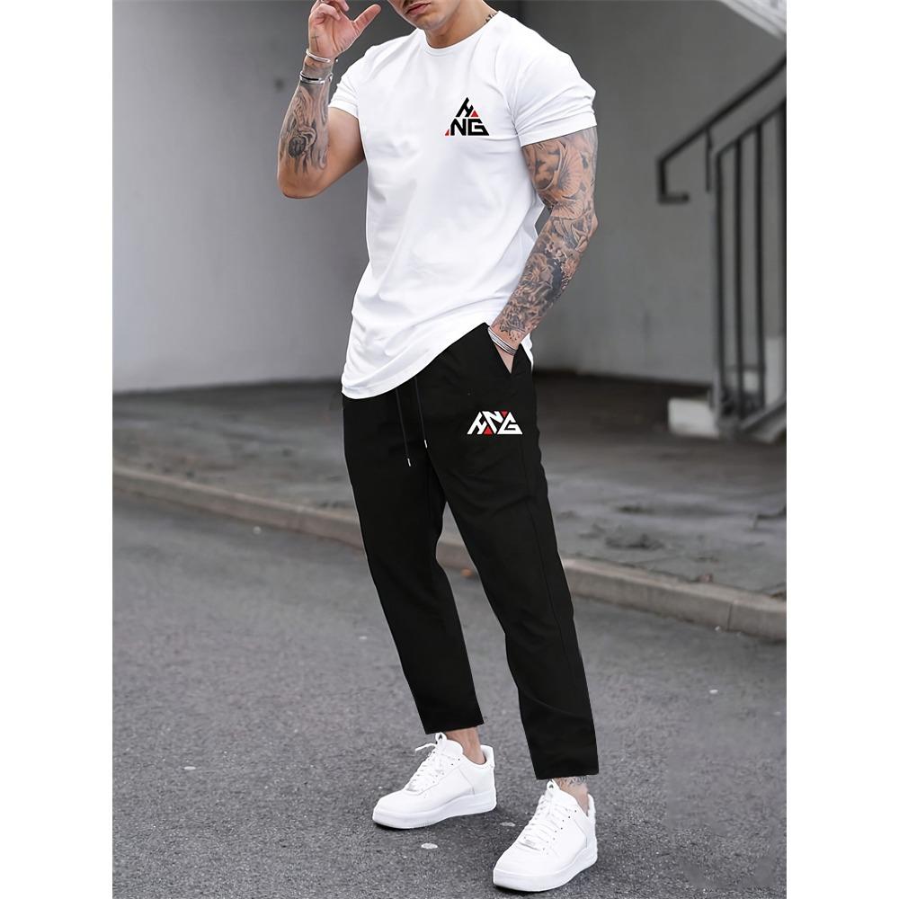 2 Piece Regular Fit Men's Jogger Pants Letter Printed Men's Short Sleeve T-Shirt Set Street Outdoor Casual Fashion Set