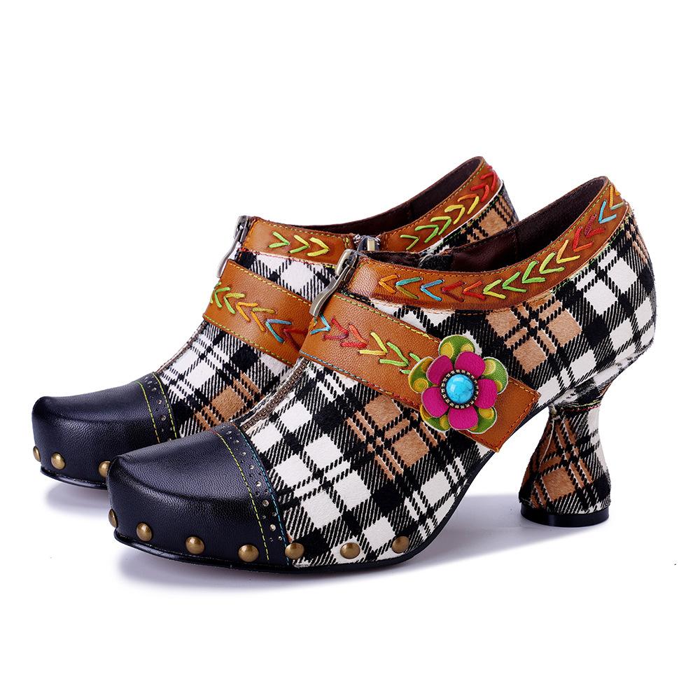 Johnature Retro Plaid Patchwork Comfortable High Heels Genuine Leather Rivet Fashion Women's Pumps