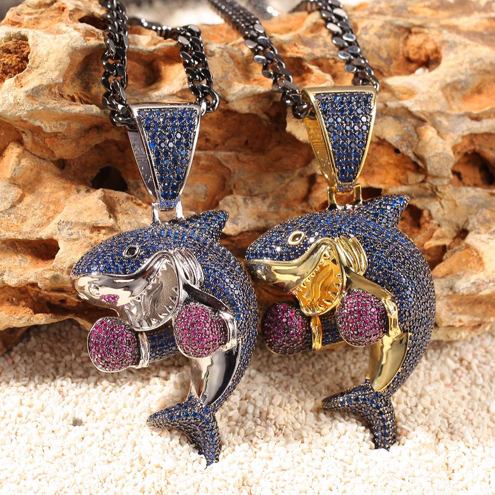 Boxing Shark Zircon Pendant Gun Black Cuban Chain Versatile Personality Necklace Accessories Men
