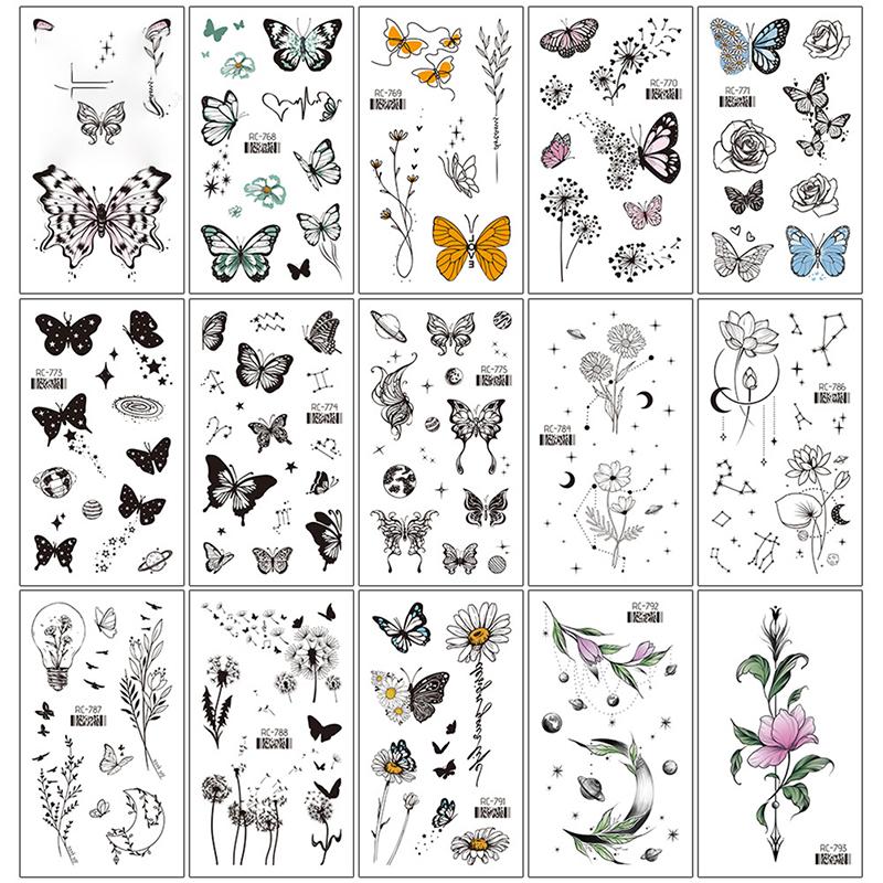 Waterproof Temporary Tattoo Stickers Black Butterfly Rose Transfer Flash Tatoo Women Sexy Neck Hand Chest Body Art Fake Tattoos