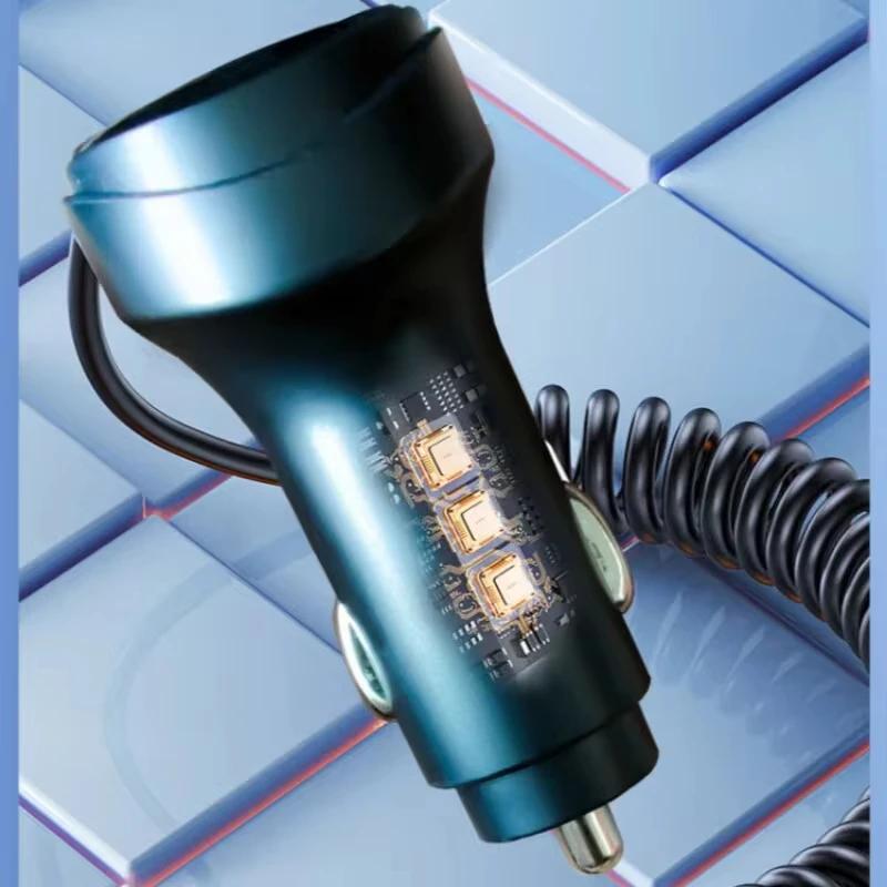 55W 2 Ports USB Fast Car Phone Charger 3.1A with Voltage Display Retractable Charging Cable 3 in 1 for Samsung Xiaomi iPhone